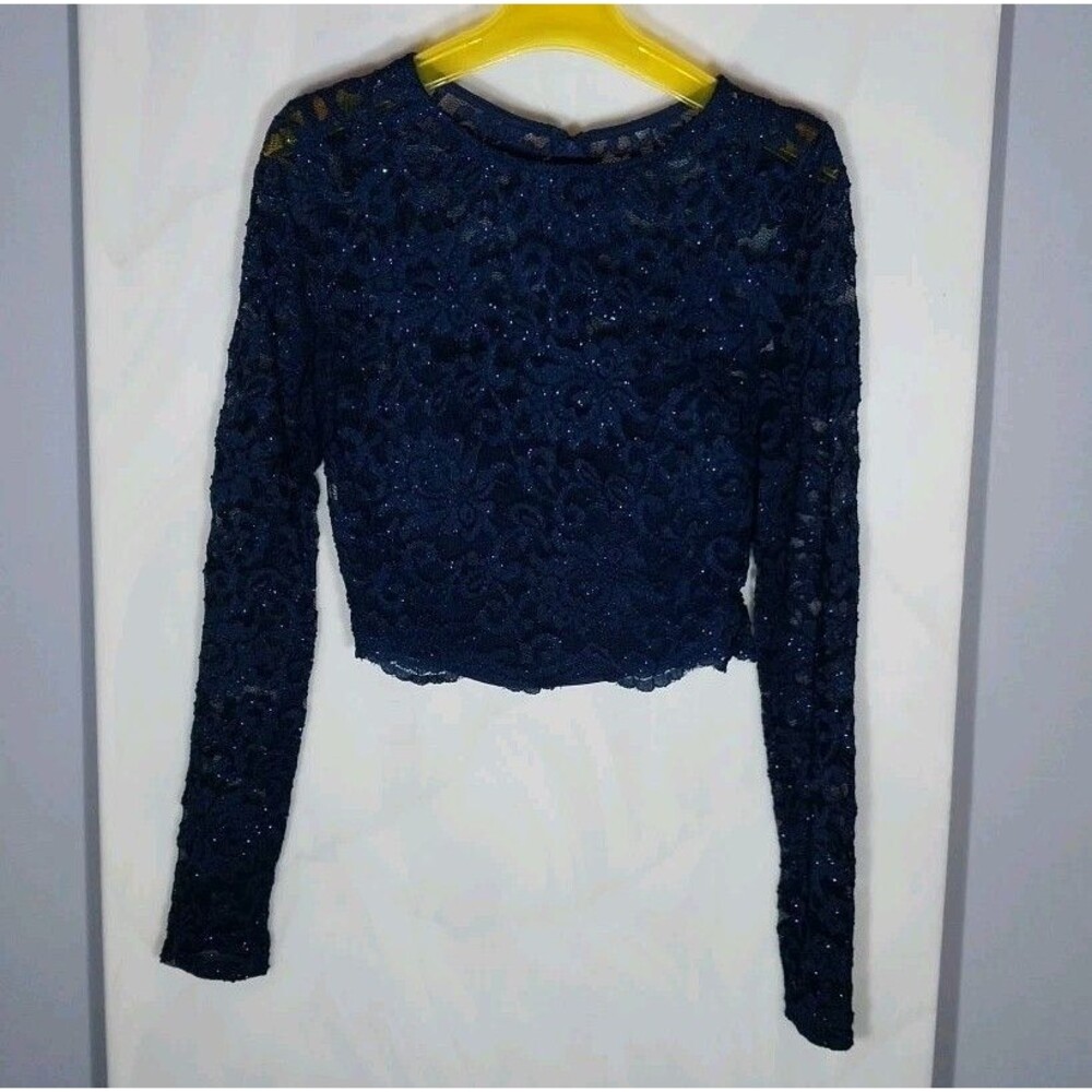 Navy Blue Sparkle Lace Crop Top Y2K Glam Prom Party Long Sleeve Juniors Sz 9